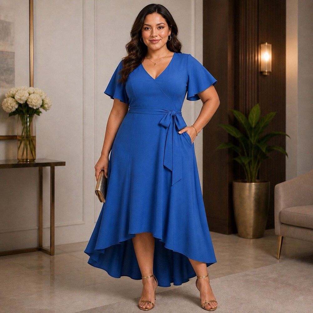 Lane Bryant Womens Size 18 Blue High Low Midi Dress Flutter Sleeve NWT Elegant